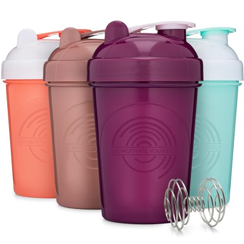 GOMOYO [4 Pack] 20 oz Shaker Bottle 4-Pack with Mixing Agitators (Coral/White, Purple, Mint/White, Rose) | Shaker Bottle for Protein Mixes Pack is BPA Free and Dishwasher Safe