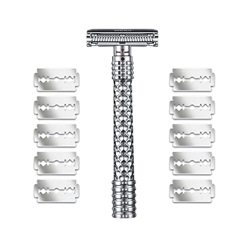 WEIDI Stepless Adjustable Butterfly Double Edge Safety Razor Reusable Rust-proof Manual Wet Shaving Shaver for Men Women with 10 Swedish Blades