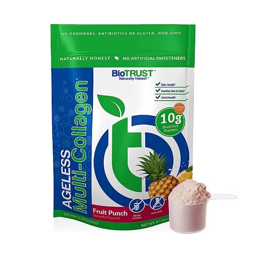 BioTrust Ageless Multi Collagen Peptides Powder – 5 Types (I, II, III, V, X) – Hydrolyzed Protein for Hair, Skin, Nails, Joint Health – Grass Fed Beef, Fish, Chicken, Eggshell Membrane (Fruit Punch)