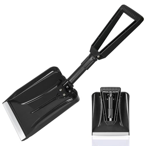 ORIENTOOLS Snow Shovel, Folding Snow Shovel for Snow Removal, Lightweight Portable with D-Grip Handle and Durable Aluminum Edge Blade, Emergency Snow Shovel for Car, Truck, Camping (Black, Blade 9")