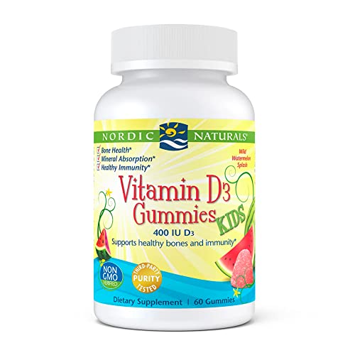Nordic Naturals Vitamin D3 Gummies Kids, Wild Watermelon Splash - 60 Gummies - 400 IU Vitamin D3 - Bone Health, Healthy Immunity - Non-GMO, Vegetarian - 60 Servings
