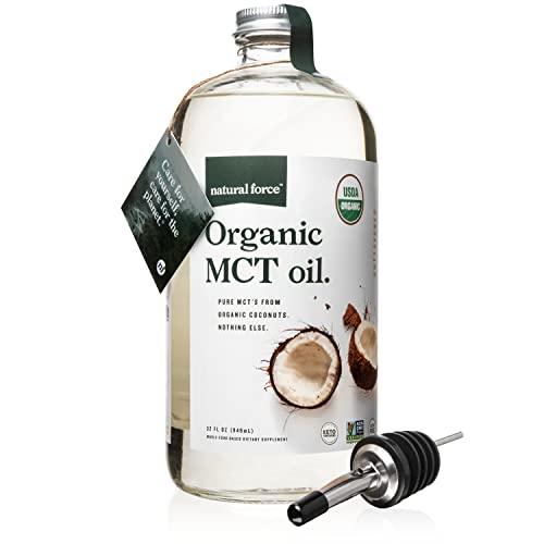 Natural Force Organic MCT Oil – Pure Glass Bottle – Made from 100% Cold Pressed Virgin Coconut Oil + Certified Keto, Paleo, Kosher, Vegan & Non-GMO – Lab Tested for Quality and Purity - 32 Ounce