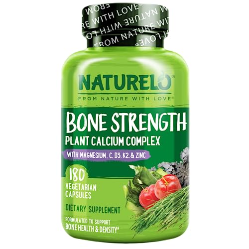 NATURELO Bone Strength - Plant-Based Calcium, Magnesium, Potassium, Vitamin D3, VIT C, K2 - GMO, Soy, Gluten Free Ingredients - Whole Food Supplement for Bone Health - 180 Vegan Friendly Capsules