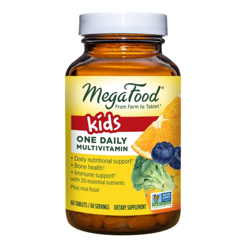 MegaFood Kids One Daily - Kids Vitamins - With Vitamin B, Vitamin C, Vitamin D & Zinc - Bone Health & Immune Support Supplement - Non-GMO, Vegetarian, Made Without 9 Food Allergens - 60 Mini Tabs