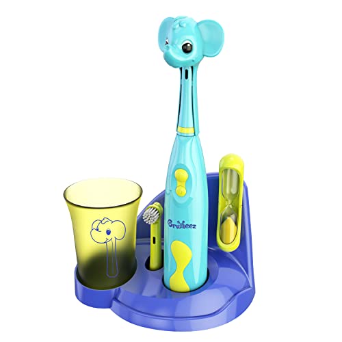Brusheez® Kids’ Electric Toothbrush Set - Safe & Effective for Ages 3+ Parent Tested Approved with Gentle Bristles, 2 Brush Heads, Rinse Cup, 2-Minute Timer, Storage Base (Ollie The Elephant)