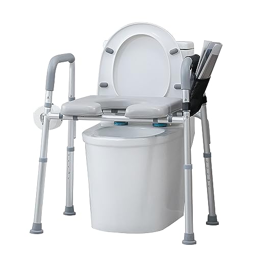 ELENKER Raised Toilet Seat with Armrests and Padded Seat, Elevated Toilet Seat for Elderly and Disabled, Adjustable Height, Grey