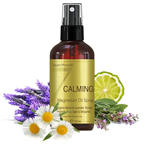 Seven Minerals Calming Magnesium Spray | 100 Percent Natural Essential Oils Blend - Made in USA (Organic Lavender, Roman Chamomile, Clary Sage, and Bergamot) || eBook Included (New)