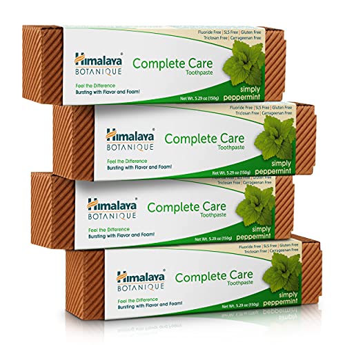 Himalaya Botanique Complete Care Toothpaste, Herbal, Peppermint Flavor, Fights Plaque, Freshens Breath, Fluoride Free, No Artificial Flavors, SLS Free, Cruelty Free, Foaming, 5.29 Oz, 4 Pack