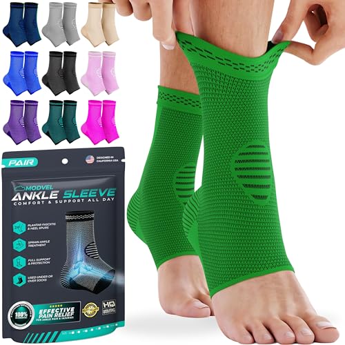 Modvel Ankle Brace for Women & Men - 1 Pair of Ankle Support Sleeve & Ankle Wrap - Compression Ankle Brace for Sprained Ankle, Achilles Tendonitis, Plantar Fasciitis, & Injured Foot - Small, Green