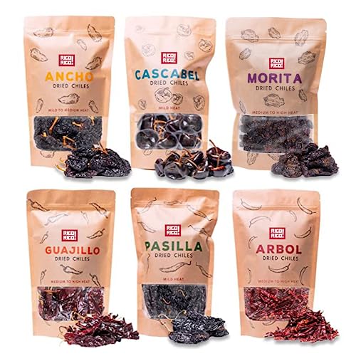 RICO RICO Dried Peppers 6 Pack Bundle - Ancho, Arbol, Guajillo, Pasilla, Chipotle, Cascabel Super Pack of Chiles by RICO RICO