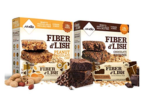 NuGo Fiber D'lish Variety Chocolate Brownie & Peanut Chocolate Chip, 12g High Fiber, Vegan, 5 Bars Each, 10 Count