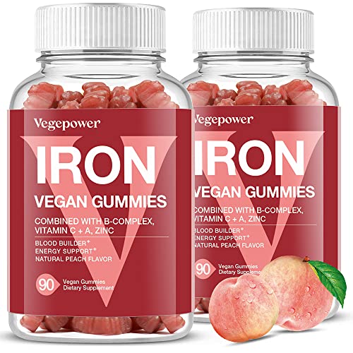 VEGEPOWER Vegan Iron Gummies Supplement - with Vitamin C, A, B-Complex, Folate, Zinc for Adults & Kids - Blood Builder & Energy Support for Iron Deficiency, Anemia, No After Taste - Peach Flavor