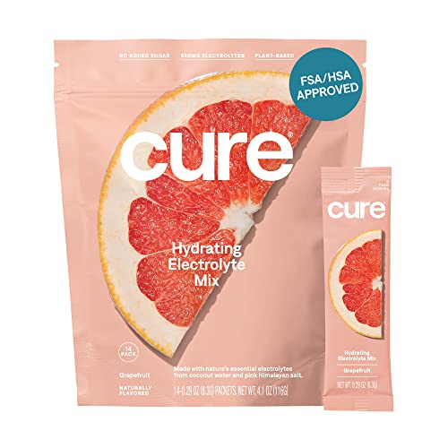 Cure Hydrating Plant Based Electrolyte Mix | Powder for Dehydration Relief | FSA & HSA Eligible | Made with Coconut Water | No Added Sugar | Vegan | Paleo Friendly | Box of 8 Packets - Grapefruit