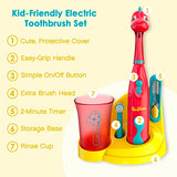 Brusheez® Kids’ Electric Toothbrush Set - Safe & Effective for Ages 3+ - Parent Tested & Approved with Gentle Bristles, 2 Brush Heads, Rinse Cup, 2-Minute Timer, & Storage Base (Pepper the Dino)