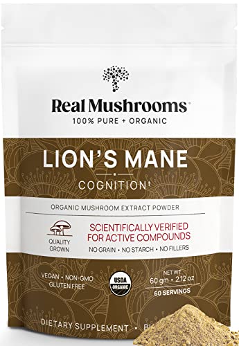 Real Mushrooms Lion’s Mane Powder - Organic Vegan Mushroom Extract for Cognitive Function & Immune Support - Brain Supplements for Memory and Focus, 60 Servings