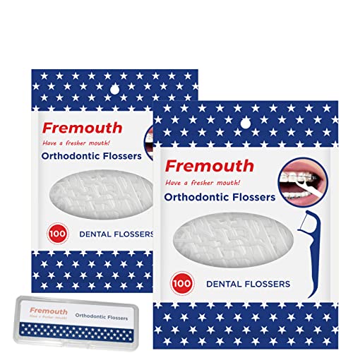 Fremouth Orthodontic Flossers for Braces - Ortho Dental Floss Picks, 100 Count (Pack of 2), with a Travel Case