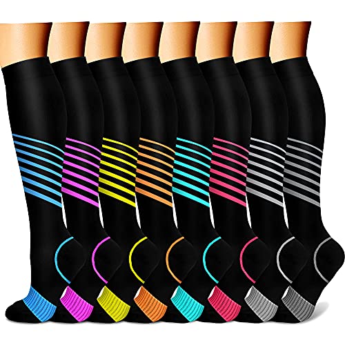 CHARMKING Compression Socks for Women & Men (8 Pairs) 15-20 mmHg Graduated Copper Support Socks are Best for Pregnant, Nurses - Boost Performance, Circulation, Knee High & Wide Calf (L/XL, Multi 34)