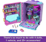 Polly Pocket Dolls, Playset and Travel Toys, 4 Dolls, 1 Vehicle, 25+ Accessories, Resort Roll Away