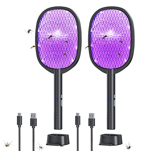 2 Pack Electric Fly Swatter 2 in 1 Bug Zapper Racket & Mosquito Zapper,4000V with USB Charging Base，Powerful Mosquito Swatter with 3 Layers of Safety Net Suitable for Indoor and Outdoor…