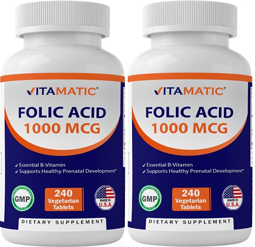 Vitamatic 2 Pack Folic Acid 1000 mcg (1 mg) - 240 Vegetarian Tablets - 1667 mcg DFE - Vitamin B9 (Total 480 Tablets)