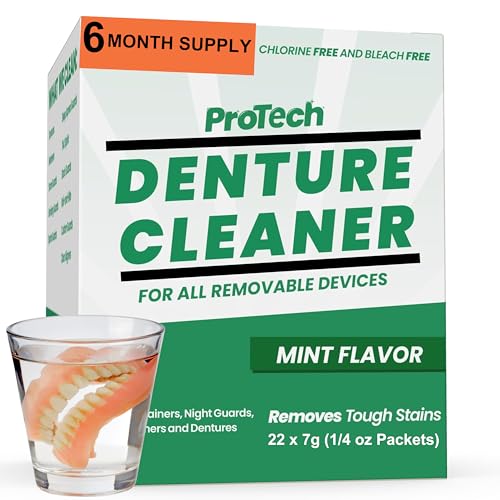 Protech Denture Cleaner (180 Days) Denture Cleanser for Retainers, Mouthguards, and Dentures, Nicotine and Coffee Stains Cleaner, Powder, 6-Month Supply