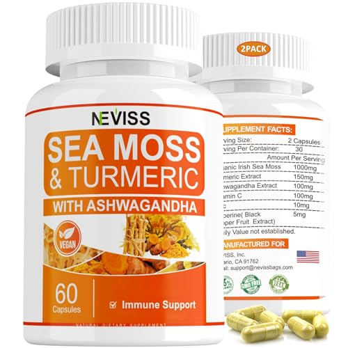 2 Pack Sugar Free Organic Sea Moss Capsules, with Turmeric, Ashwagandha, Vitamin C - Rich in Iodine - for Thyroid Support, Immune & Digestive System, Gut Cleanse, Seamoss Pills, Seamoss Gel, 60 * 2ct