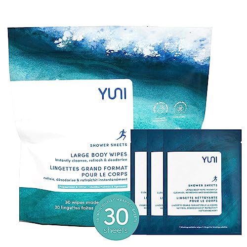 YUNI Beauty Large Body Wipes (Peppermint Citrus, 30 Count) Super Soft Moist Showerless Wipes that Cleanse & Deodorize - On-the-Go No Rinse Body Cleanser - Biodegradable Individually Wrapped Wipes for Travel or After Workout