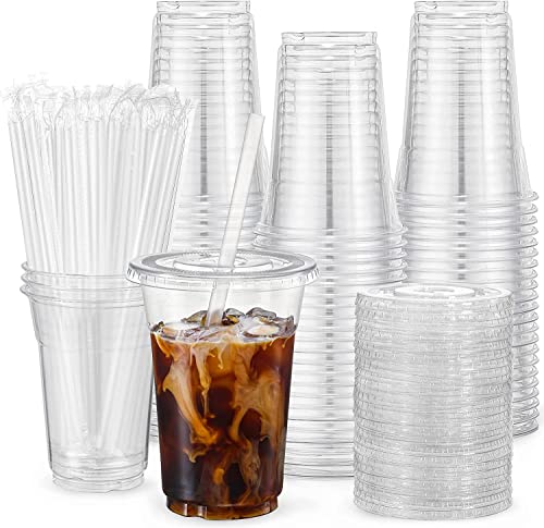 VITEVER [100 Sets - 24oz] Plastic Cups with Lids and Straws, Disposable Cups for Iced Coffee, Smoothie, Milkshake, Cold Drinks - Clear