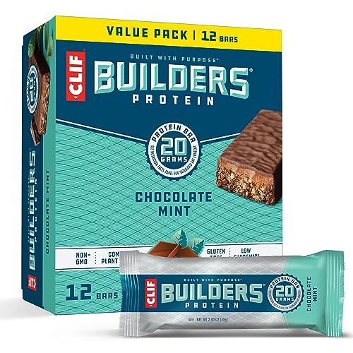 CLIF Builders - Chocolate Mint Flavor - Protein Bars - Gluten-Free - Non-GMO - Low Glycemic - 20g Protein - 2.4 oz. (12 Pack)