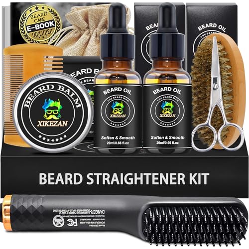 Beard Kit,Beard Grooming Kit,w/Beard Straightener,Beard Oil,Beard Balm,Beard Comb,Beard Scissor,Razor & Brush Stands,Bag,E-Book,Beard Care Growth Christmas Dad Gifts for Men Him Father