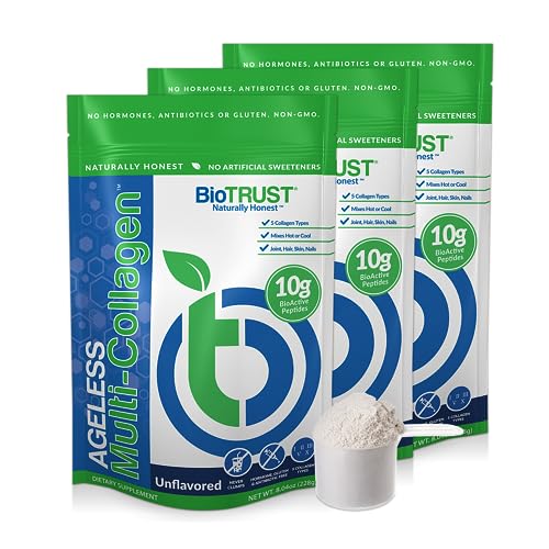 BioTrust Ageless Multi Collagen Protein Powder – 5 Collagen Types (I, II, III, V, X) for Hair, Skin, Nails & Joints – Grass Fed Beef, Sustainable Fish, Chicken & Eggshell Membrane (Unflavored, 3 Pack)