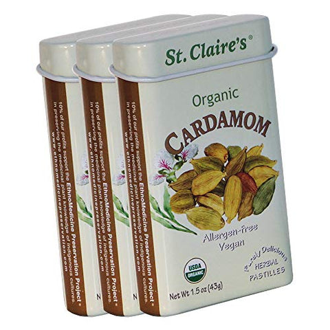 St. Claire's Organic Herbal Pastilles, (Cardamom, 1.5 Ounce Tin, Bundle of 3) | Gluten-Free, Vegan, GMO-Free, Plant-based, Allergen-Free | Made in the USA in a Dedicated Allergen-Free Facility