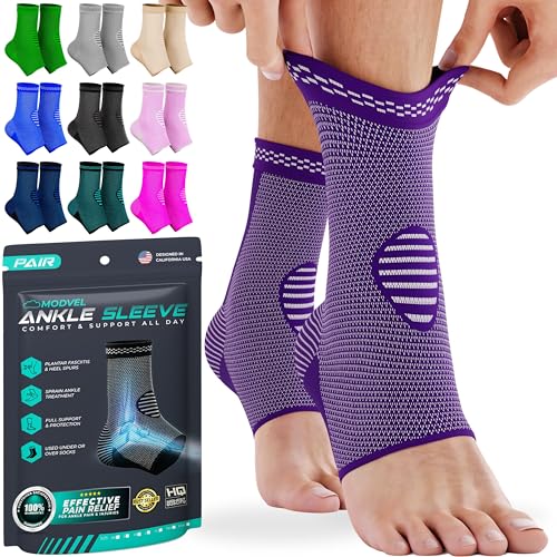 Modvel Ankle Brace for Women & Men - 1 Pair of Ankle Support Sleeve & Ankle Wrap - Compression Ankle Brace for Sprained Ankle, Achilles Tendonitis, Plantar Fasciitis, & Injured Foot - Medium, Purple