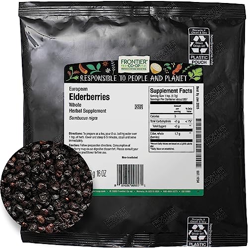 Frontier Co-op Dried Elderberries, European Whole | Kosher & Non-GMO | For Making Tea, Syrup, Gummies | 1 Pound Bulk Bag | Sambucus nigra L.