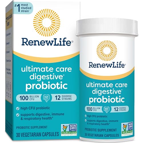 Renew Life Ultimate Care Probiotic Capsules, Daily Supplement Supports Respiratory, Digestive and Immune Health, L. Rhamnosus GG, Dairy, Soy and gluten-free, 100 Billion CFU, 30 Count