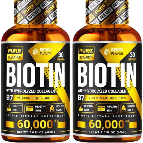 PURE RESEARCH Biotin & Collagen 60,000mcg Hair Growth Liquid Drops, Supports: Strong Nails, Glowing Skin, Healthy Hair Growth, More Absorption Than Capsules & Pills (4Fl Oz)