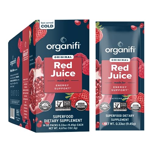 Organifi GO Packs - Red Juice Organic Superfood Powder Drink for Natural Energy Support - 14 Travel Servings - Only 2 grams of Sugar per Serving - Vegan, Keto Friendly - No GMOs, Gluten, Dairy or Soy