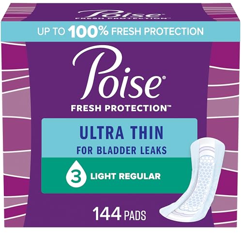 Poise Ultra Thin Incontinence Pads & Postpartum Incontinence Pads, 3 Drop Light Absorbency, Regular Length, 144 Count (3 Packs of 48), Packaging May Vary