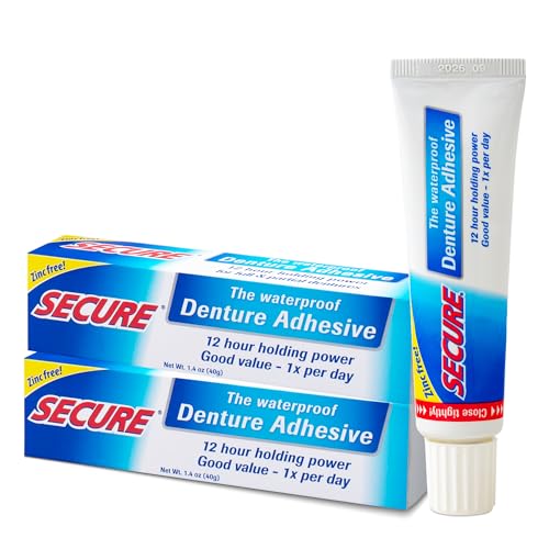 Secure Waterproof Denture Adhesive - Zinc Free - Extra Strong 12 Hour Hold - 1.4 oz (Pack of 2)