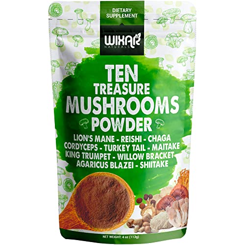 Wixar Mushroom Powder - Ten Treasure Mushrooms Extract Supplement Blend for Coffee & Smoothies - Lions Mane, Turkey Tail, Reishi, Chaga, Shiitake, Cordyceps, Complex - 4oz Mushroom Supplement