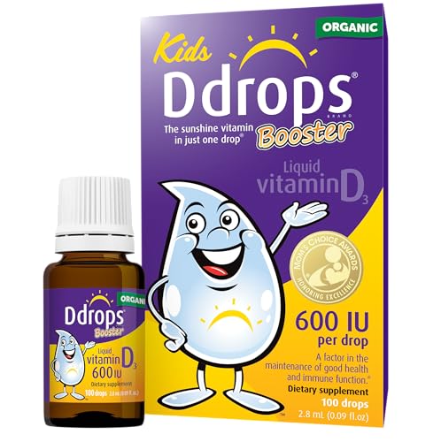 Ddrops Kids Booster 600IU 100 Drops - Daily Liquid Vitamin D for Kids. Support Strong Bones & Immune System in Children. No Preservatives, No Sugar, Non-GMO, Allergy-Friendly