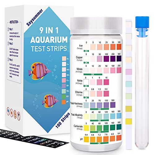 9 in 1 Aquarium Test Strips, 100 Strips Aquarium Test Kits for Freshwater Saltwater, Aquarium Water Test Kit, Pond Fish Tank Test Strips Testing Iron, Copper, Nitrite, Nitrate, pH, Carbonate and More