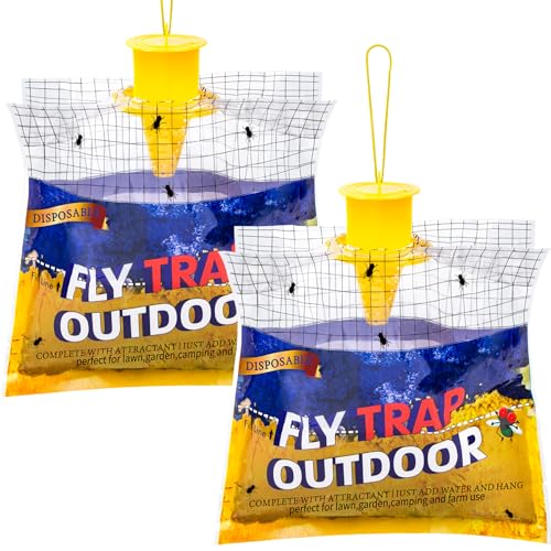 Fly Traps Outdoor Fly Trap Hanging with 30g Fly Bait, Natural Pre-Baited Fly Bags Outdoor Disposable Stable Horse Ranch Fly Trap Bag Fly Catchers Killer Outdoor 2 Pack