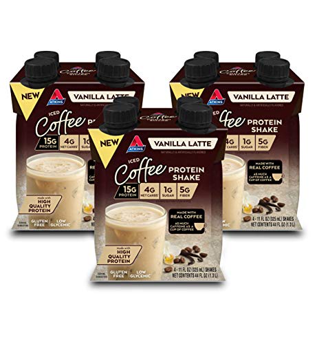 Atkins Iced Coffee Vanilla Latte Protein Shake, 15g Protein, Low Glycemic, 4g Net Carb, 1g Sugar, Keto Friendly