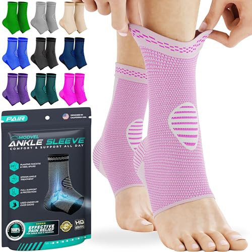 Modvel Ankle Brace for Women & Men - 1 Pair of Ankle Support Sleeve & Ankle Wrap - Compression Ankle Brace for Sprained Ankle, Achilles Tendonitis, Plantar Fasciitis, & Injured Foot - X-Large, Pink