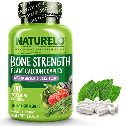 NATURELO Bone Strength - Plant-Based Calcium, Magnesium, Potassium, Vitamin D3, VIT C, K2 - GMO, Soy, Gluten Free Ingredients - Whole Food Supplement for Bone Health - 240 Vegetarian Capsules