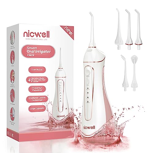 Water Dental Flosser Cordless for Teeth - Nicwell 4 Modes Dental Oral Irrigator, Portable and Rechargeable IPX7 Waterproof Powerful Battery Life Water Teeth Cleaner Picks for Home Travel