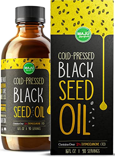 MAJU's Black Seed Oil 16oz: 3x% Thymoquinone, Cold Pressed, 100% Turkish Black Cumin Nigella Sativa Seed Oil (Better Than Organic), non-GMO, 100% Liquid Pure Blackseed Oil, Glass Bottle