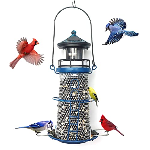 wtreew Solar Lighthouse Bird Feeder with Rotating Beacon - 14" Hanging Mesh Wild Bird Feeders for Eaves, Balcony, Trees, Hooks, Best Bird Feeder Gifts for Bird Lovers,Women,Kids,Elderly(Space Blue)