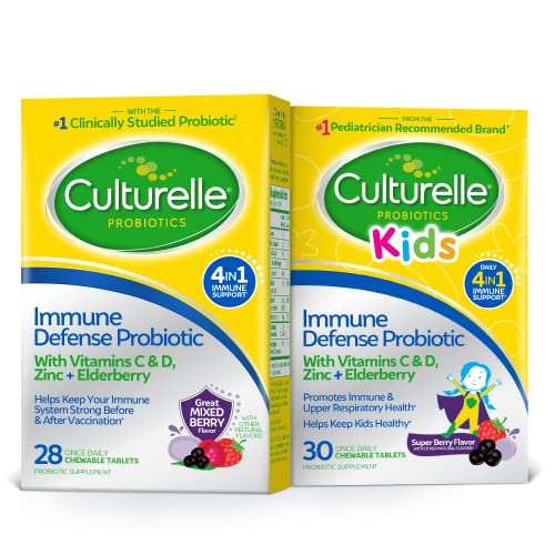 Culturelle Kids Immune Defense Probiotic Chewables with Vitamin C, Vitamin D and Zinc & Elderberry (30 Count) + Immune Support for Adults (28 Count) Mixed Berry Chewables